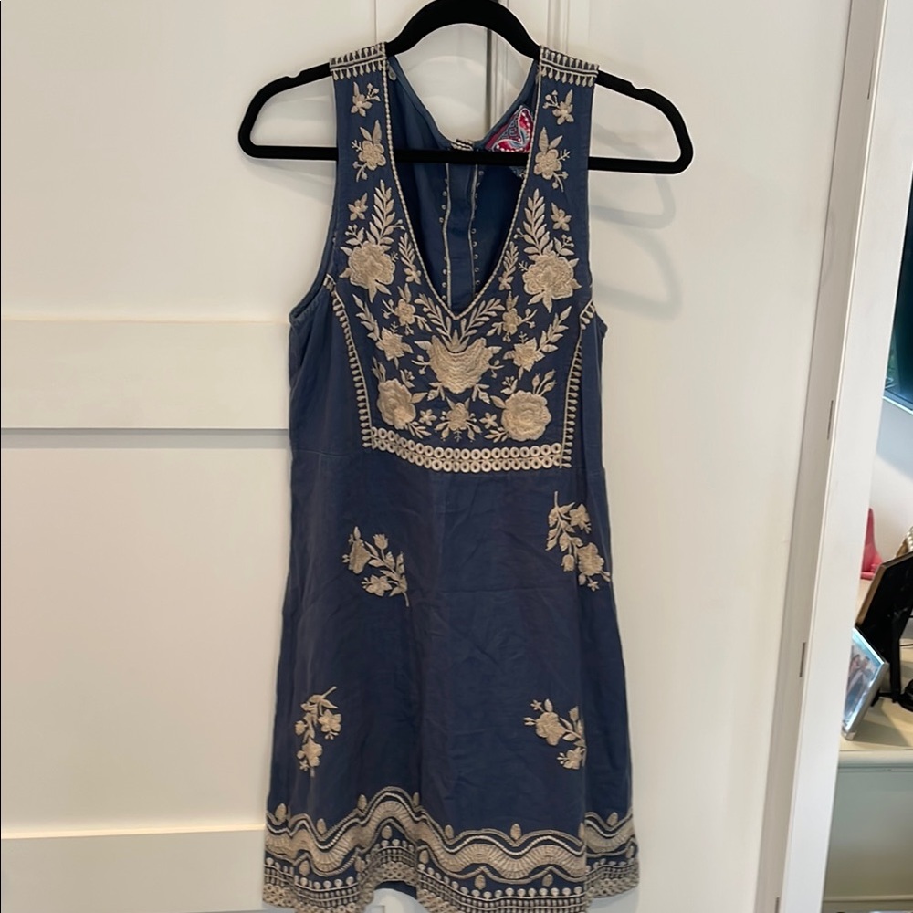 Johnny Was Blue and Cream Embellished Mini Sundress